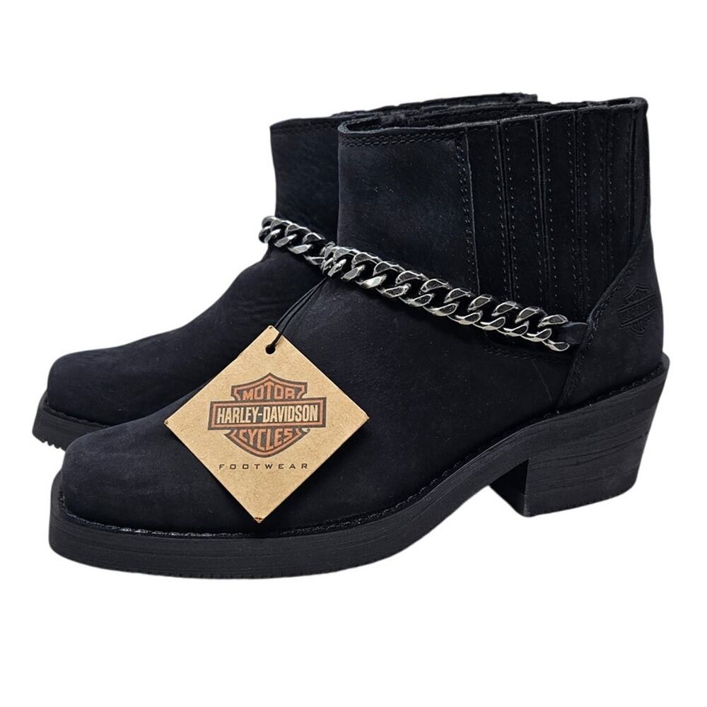 NEW Harley Davidson 6.5 Black Leather Ankle Biker Boot Moto Chain Western Goth